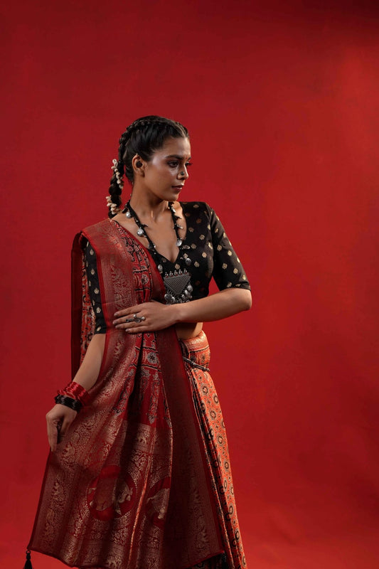 Rajvanshi Ajrakh Dola Silk Saree - Eternity by Sakshi