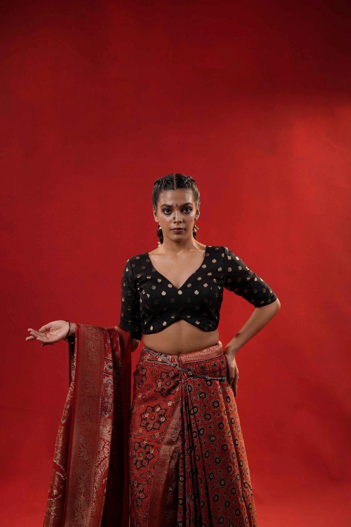 Rajvanshi Ajrakh Dola Silk Saree + Royal Ember Shadow Blouse Combo - Eternity by Sakshi