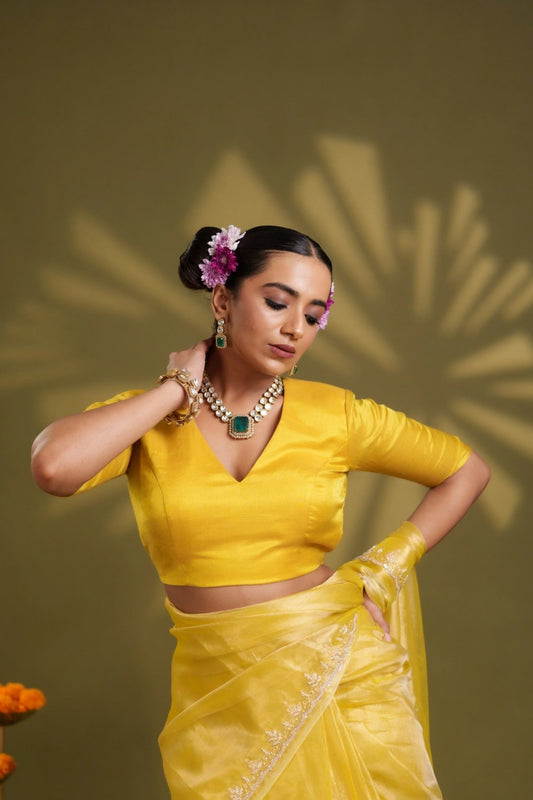 Yellow Tissue Elastic Blouse - Eternity by Sakshi