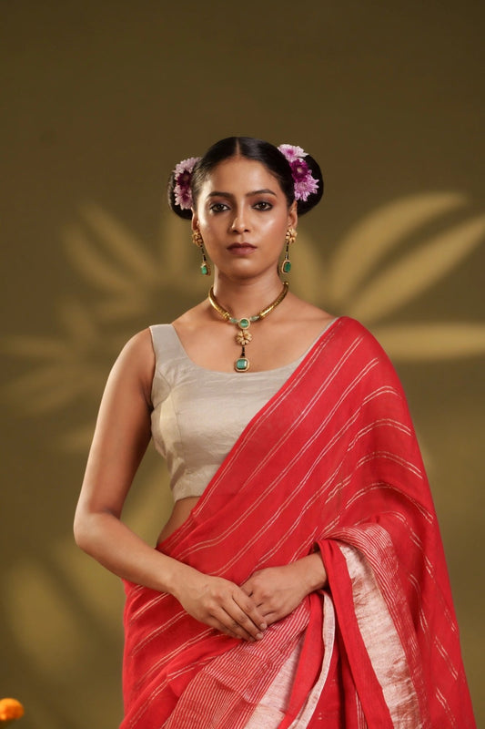 Red Stripes Linen Saree - Eternity by Sakshi