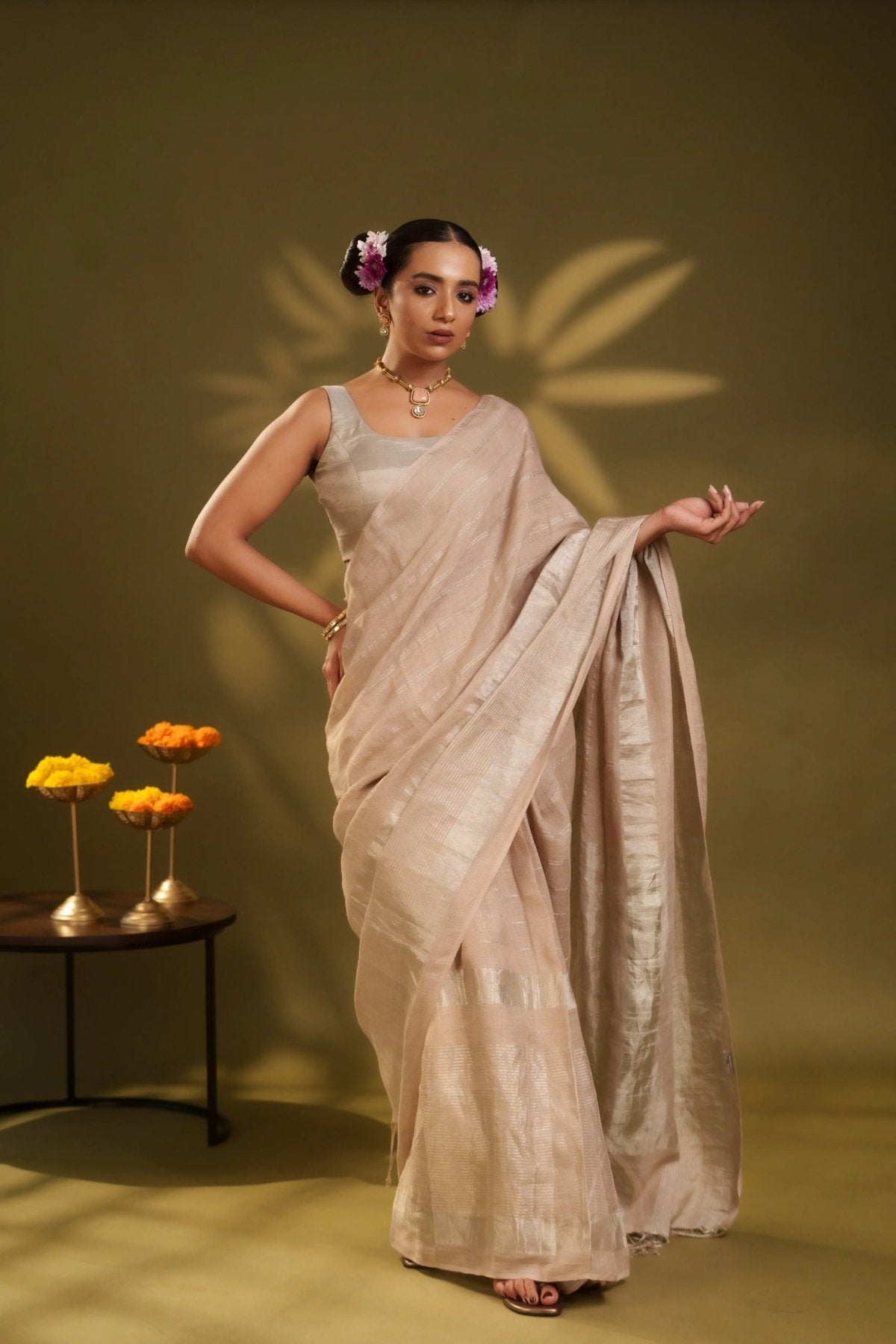 Beige Stripes Linen Saree - Eternity by Sakshi