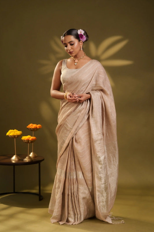 Beige Stripes Linen Saree - Eternity by Sakshi