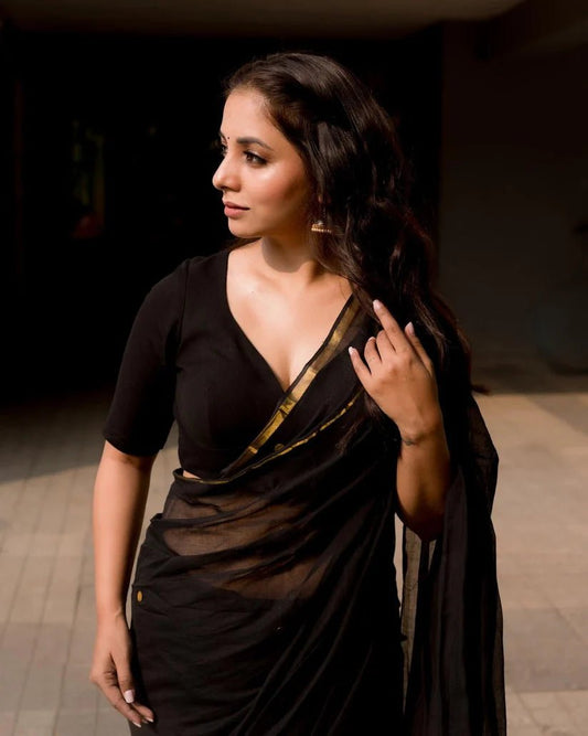 Black Bling Saree + Yellow Brocade Blouse Combo - Eternity by Sakshi