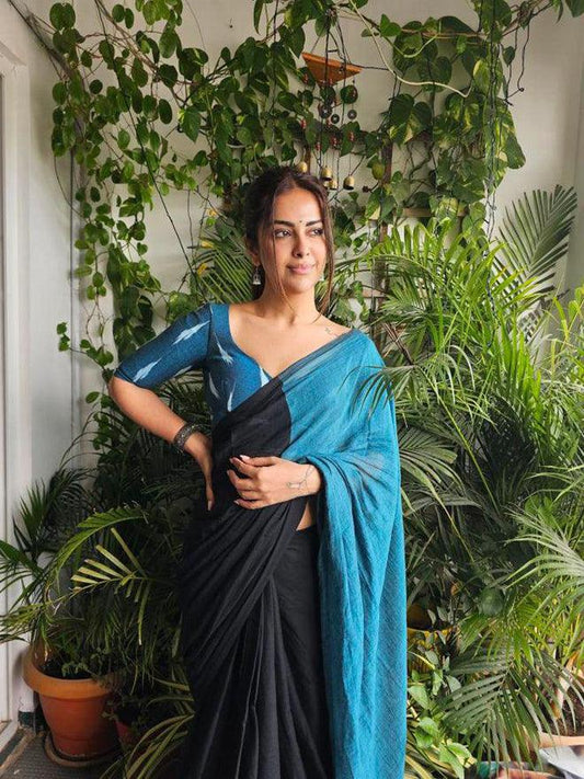 Black Breezy Saree + Kalamkari Blouse Combo - Eternity by Sakshi