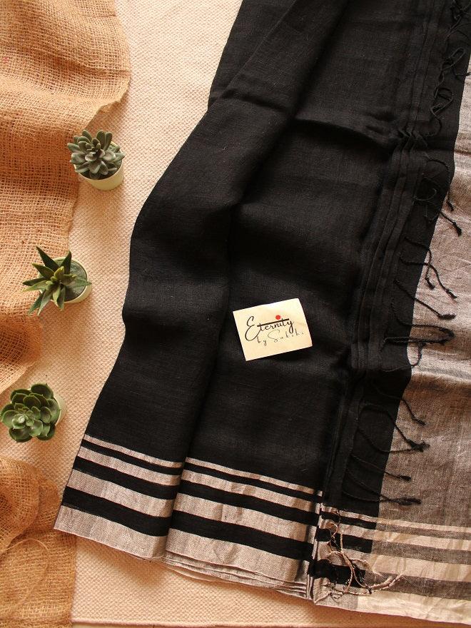 Black Linen Saree - Eternity by Sakshi