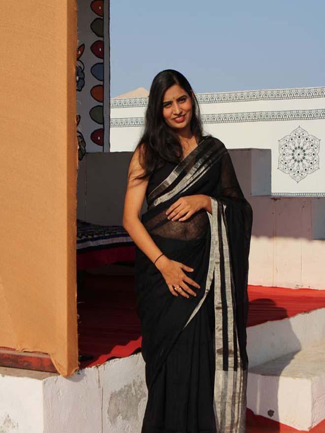 Black Linen Saree - Eternity by Sakshi