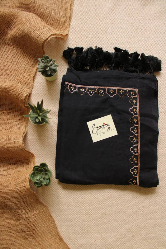 Black Noor Saree + Black Brocade Elastic Noorie Blouse Combo - Eternity by Sakshi