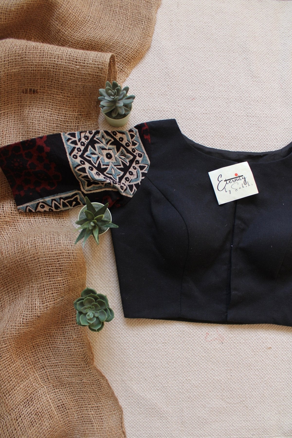 Black Sleeves Black Ajrakh Blouse - Eternity by Sakshi