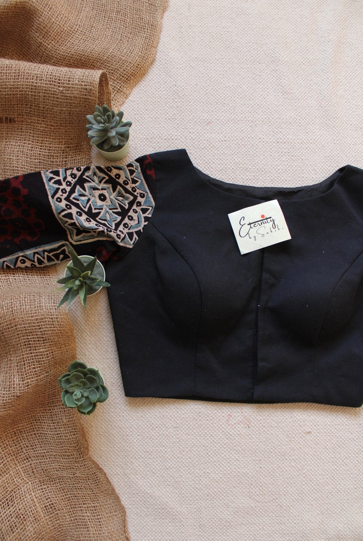Black Sleeves Black Ajrakh Blouse - Eternity by Sakshi