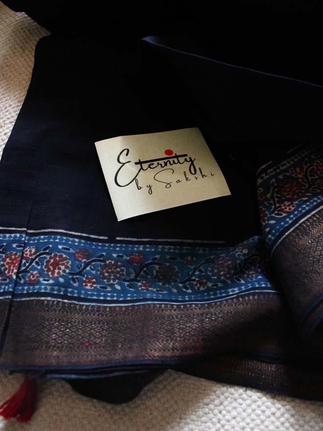 Black with Blue Border Mangalgiri Saree - Eternity by Sakshi