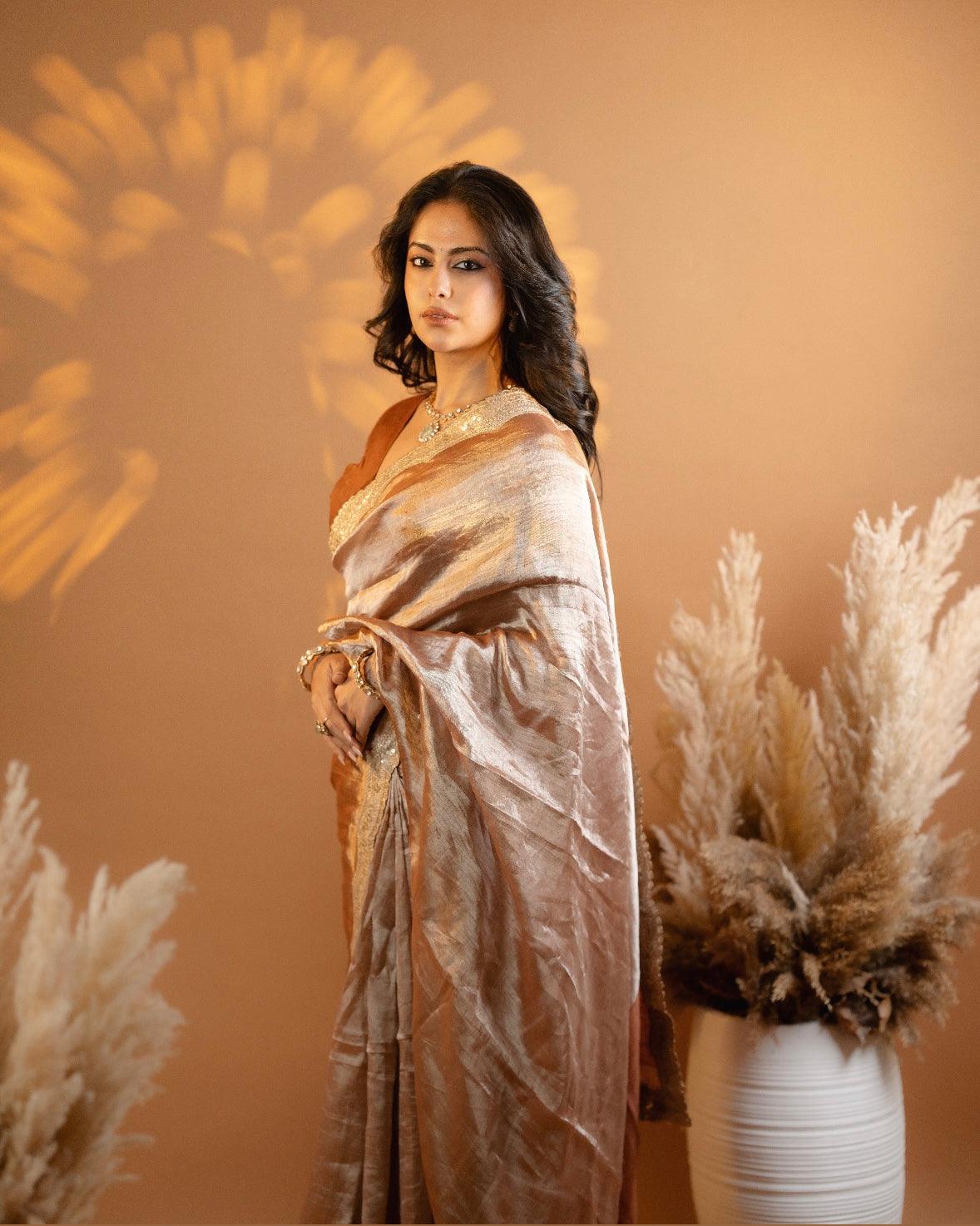 Cinnamon Metallic Linen Saree - Eternity by Sakshi