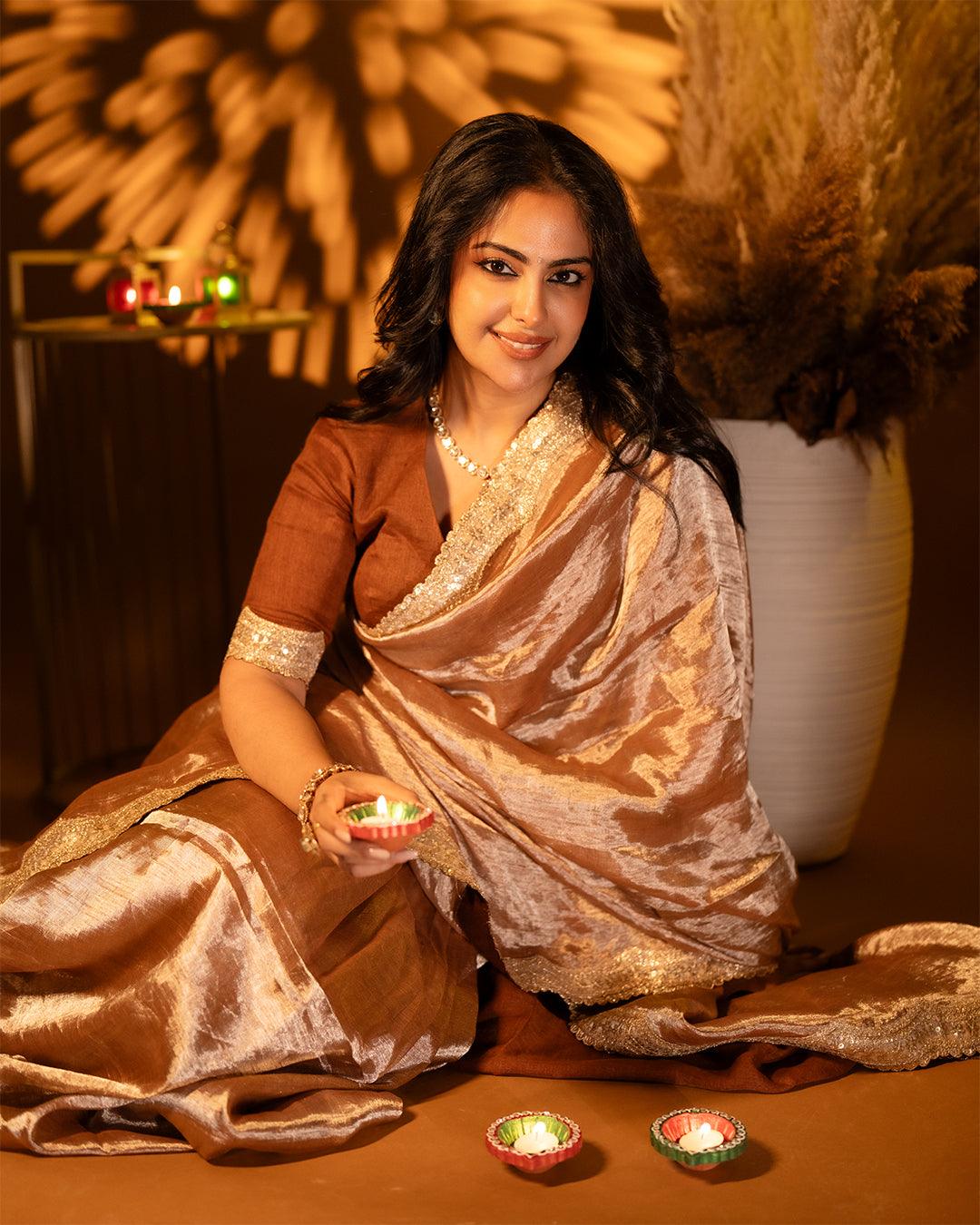 Cinnamon Metallic Linen Saree - Eternity by Sakshi