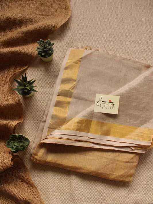 Gold Metallic Linen Saree + Blue Chakori Blouse Combo - Eternity by Sakshi