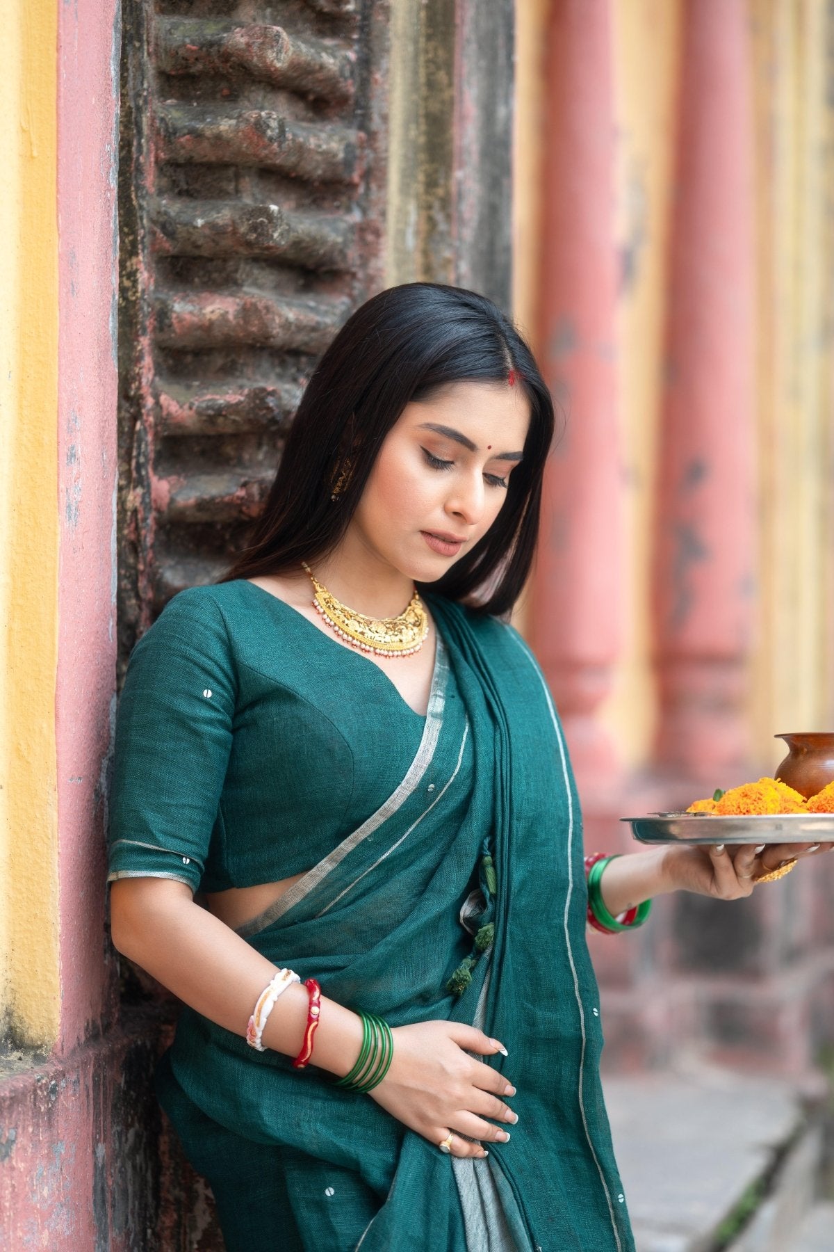 Green Raina Linen Saree - Eternity by Sakshi