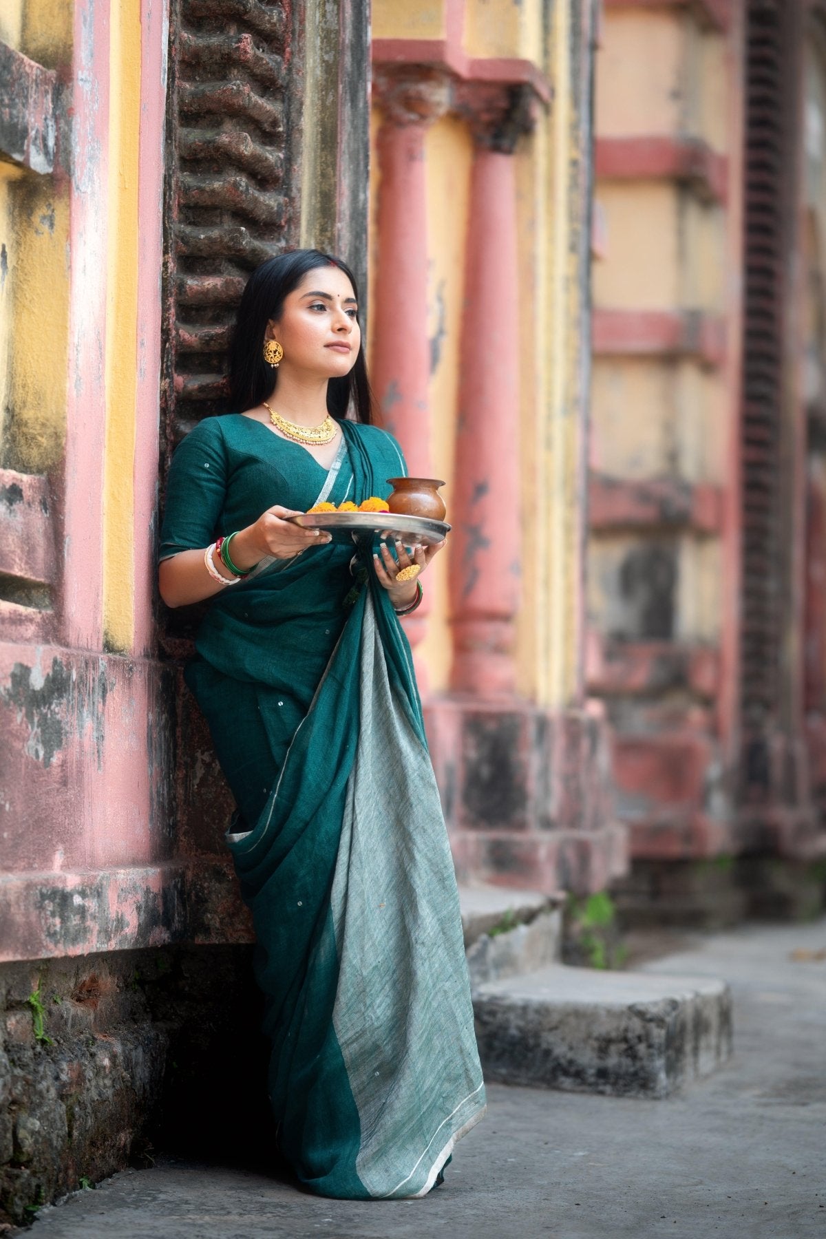 Green Raina Linen Saree - Eternity by Sakshi