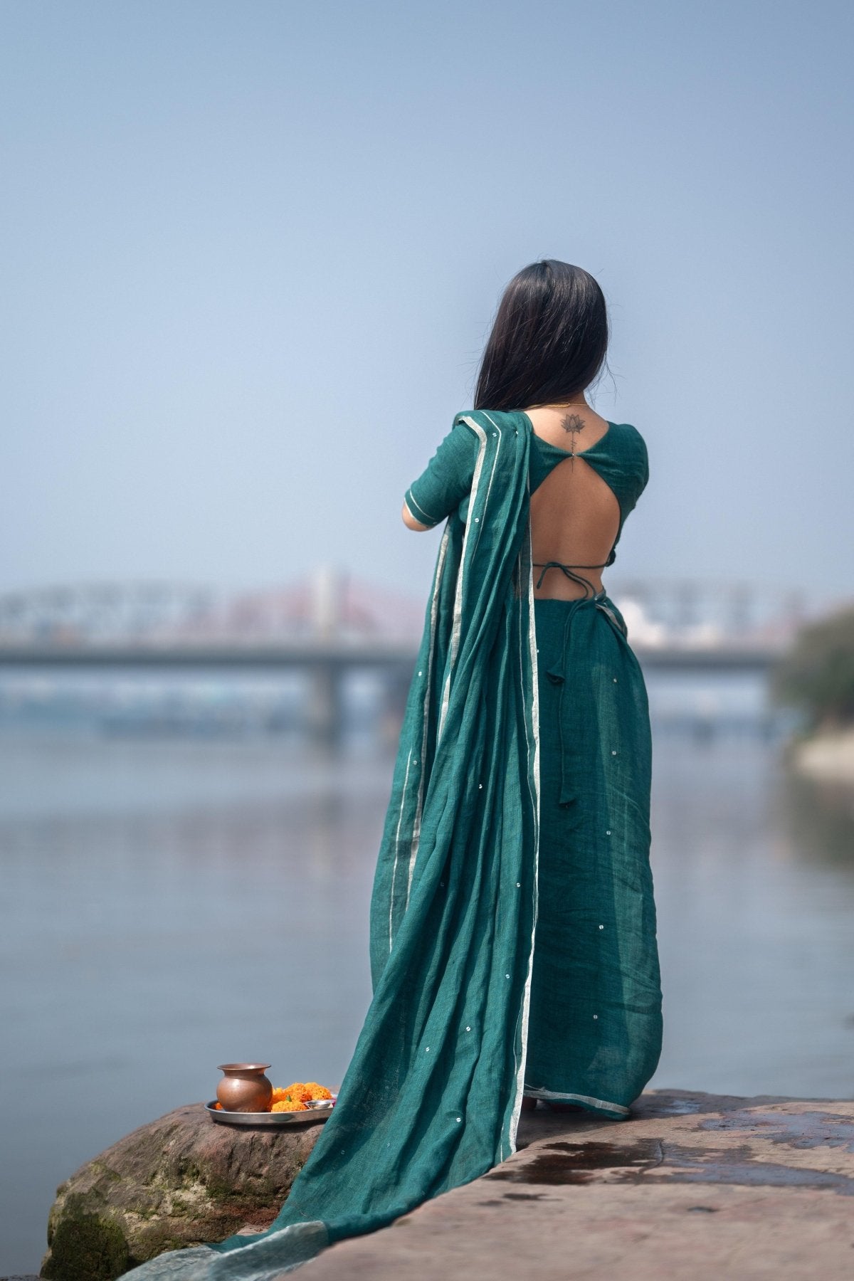Green Raina Linen Saree - Eternity by Sakshi