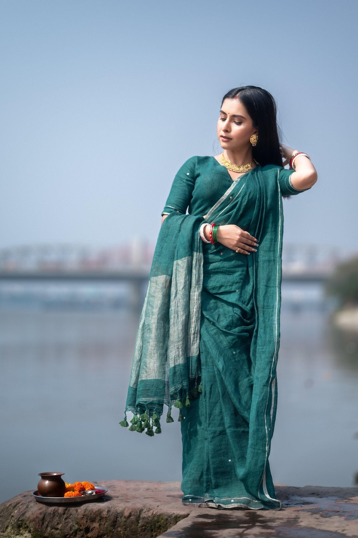 Green Raina Linen Saree - Eternity by Sakshi