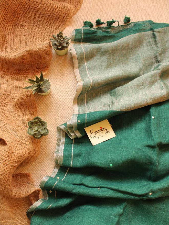Green Raina Linen Saree - Eternity by Sakshi
