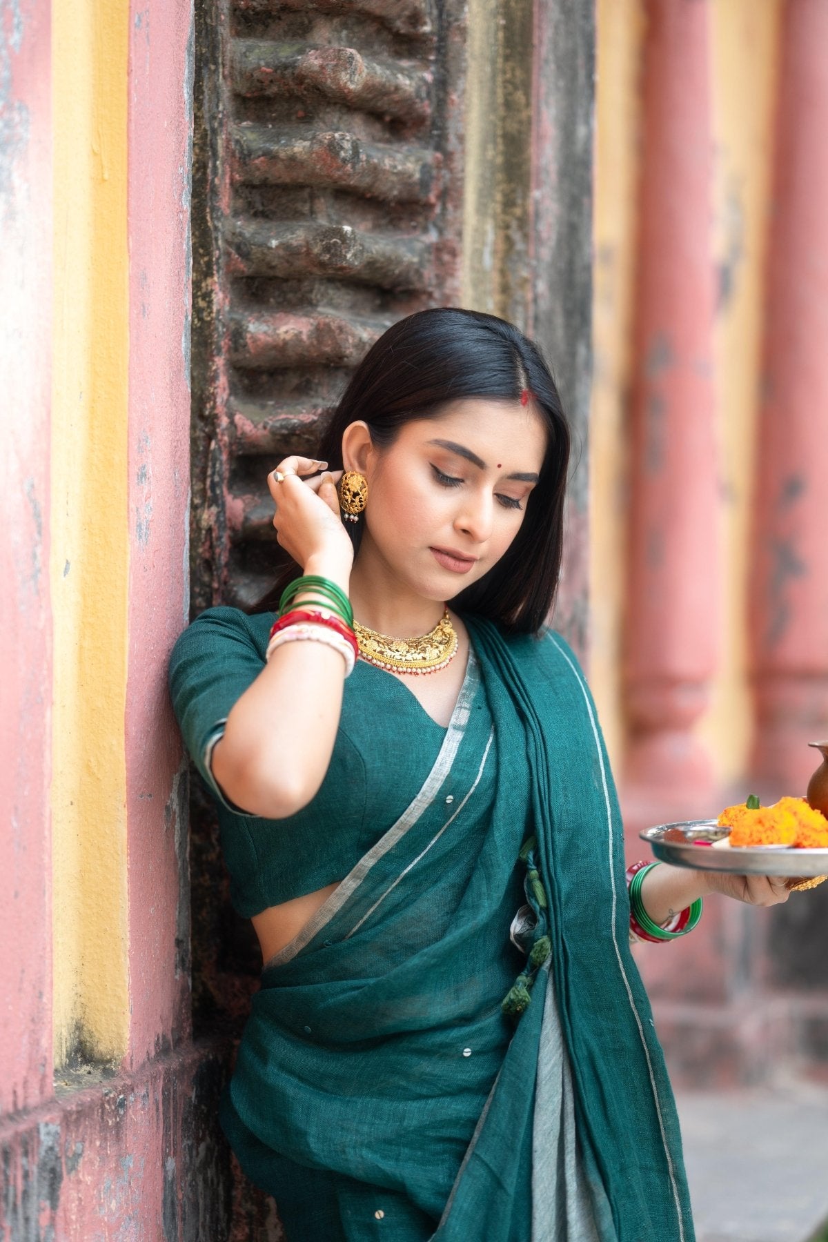 Green Raina Linen Saree - Eternity by Sakshi