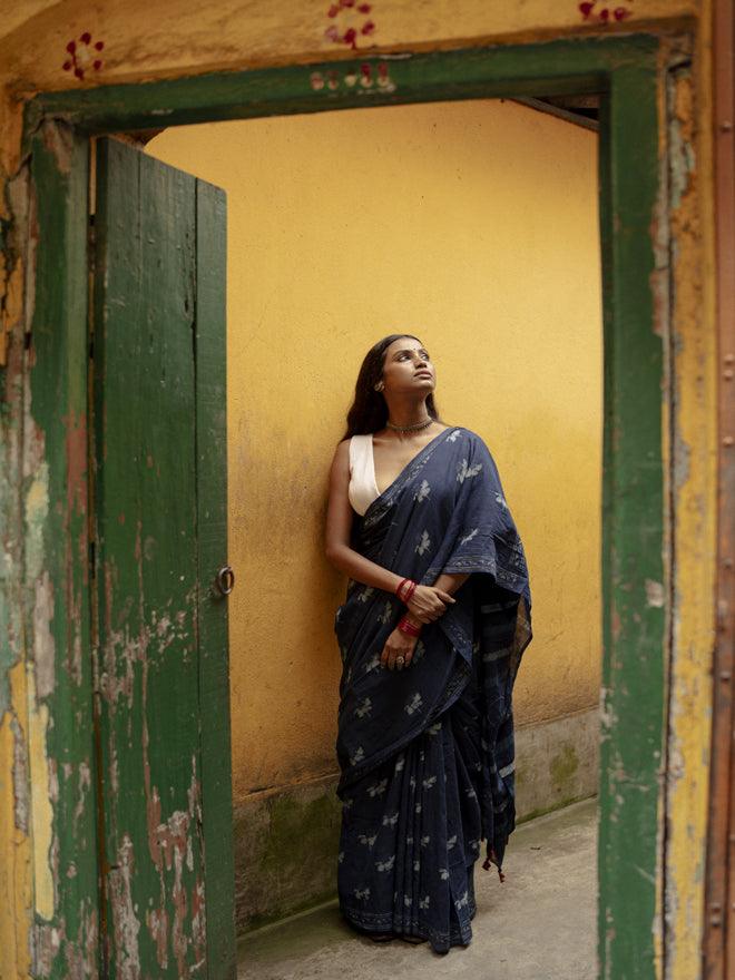 Indigo Horizon Handblockprinted Cotton Saree - Eternity by Sakshi