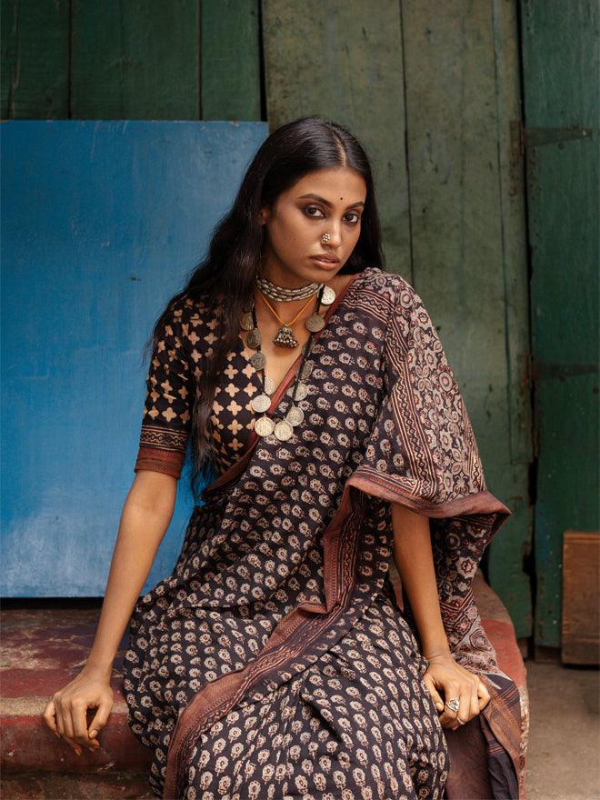 Jheel Mangalgiri Ajrakh Saree - Eternity by Sakshi