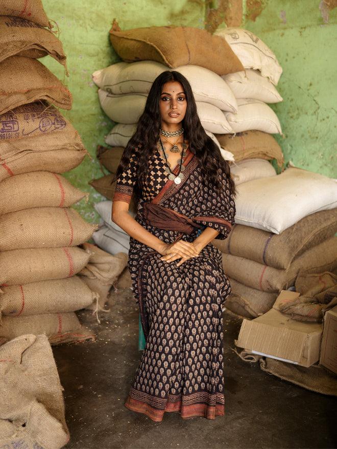 Jheel Mangalgiri Ajrakh Saree - Eternity by Sakshi