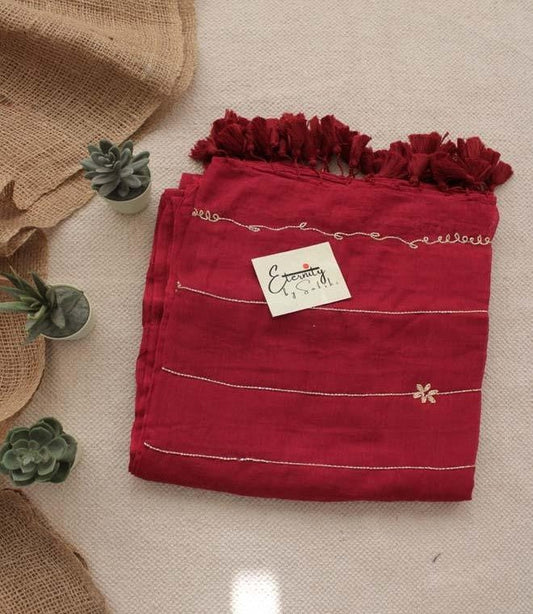 Maroon Noor Saree + Maroon Brocade Elastic Noorie Blouse Combo - Eternity by Sakshi