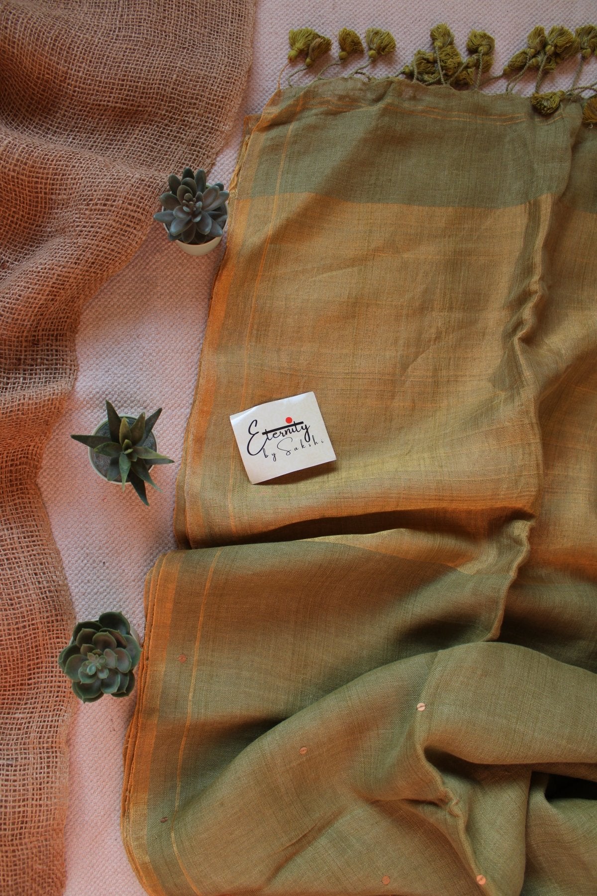 Mehendi Green Raina Linen Saree - Eternity by Sakshi