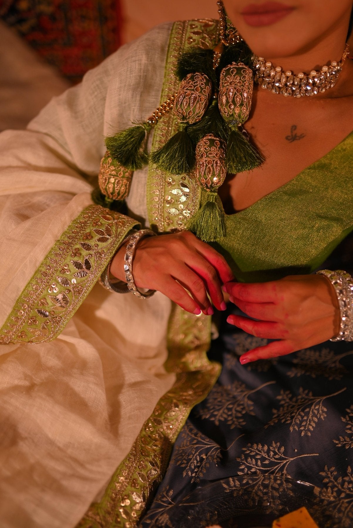 Pearl Lime Linen Saree - Eternity by Sakshi
