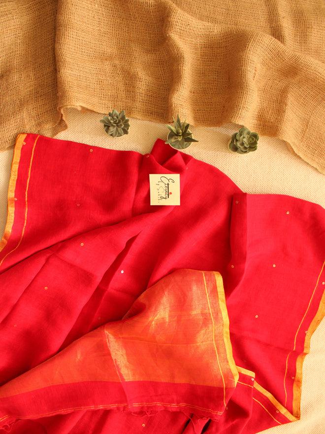 Red Raina Linen Saree - Eternity by Sakshi