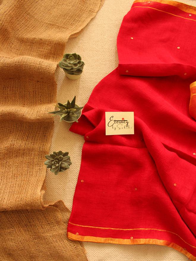 Red Raina Linen Saree - Eternity by Sakshi