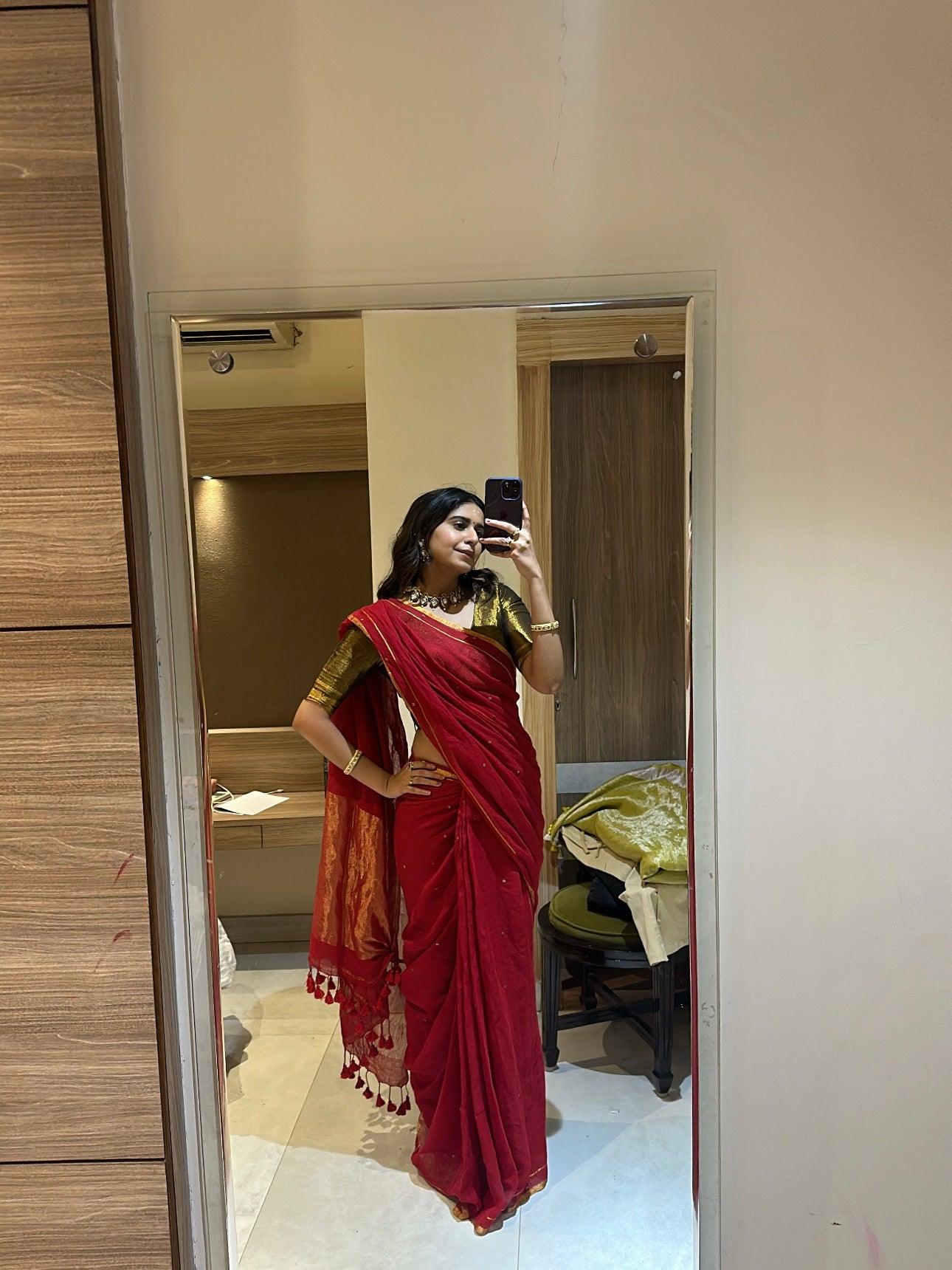 Red Raina Linen Saree - Eternity by Sakshi