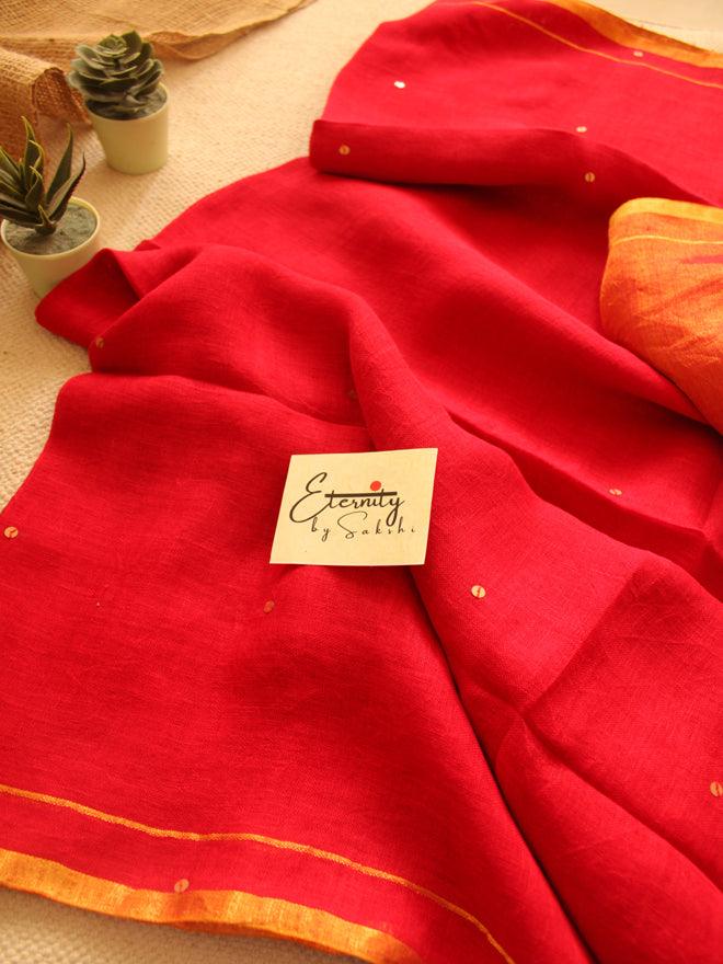 Red Raina Linen Saree - Eternity by Sakshi