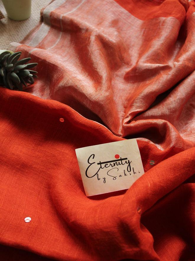Rust Orange Raina Linen Saree - Eternity by Sakshi