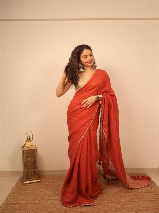 Rust Orange Raina Linen Saree - Eternity by Sakshi