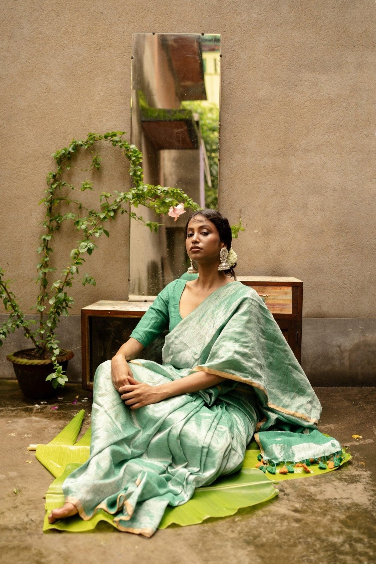 Sage Metallic Linen Saree - Eternity by Sakshi