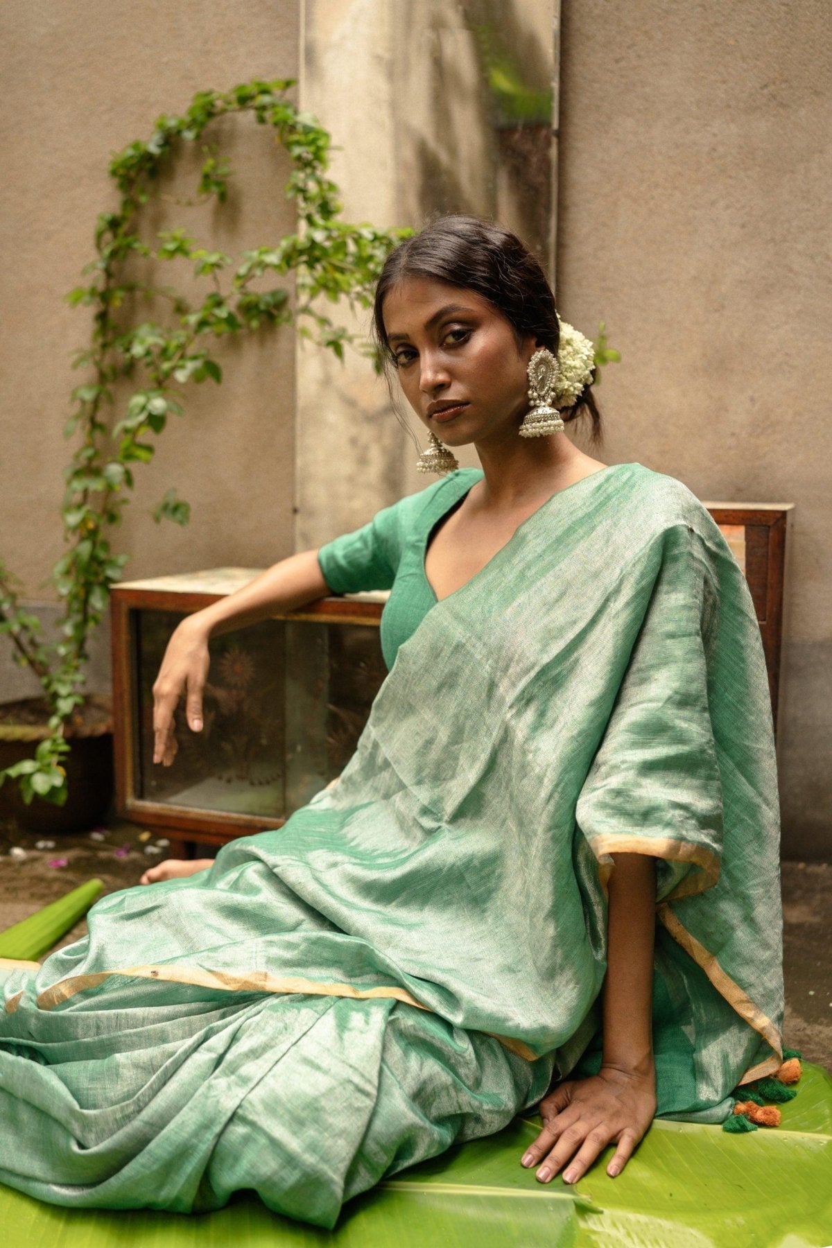Sage Metallic Linen Saree - Eternity by Sakshi