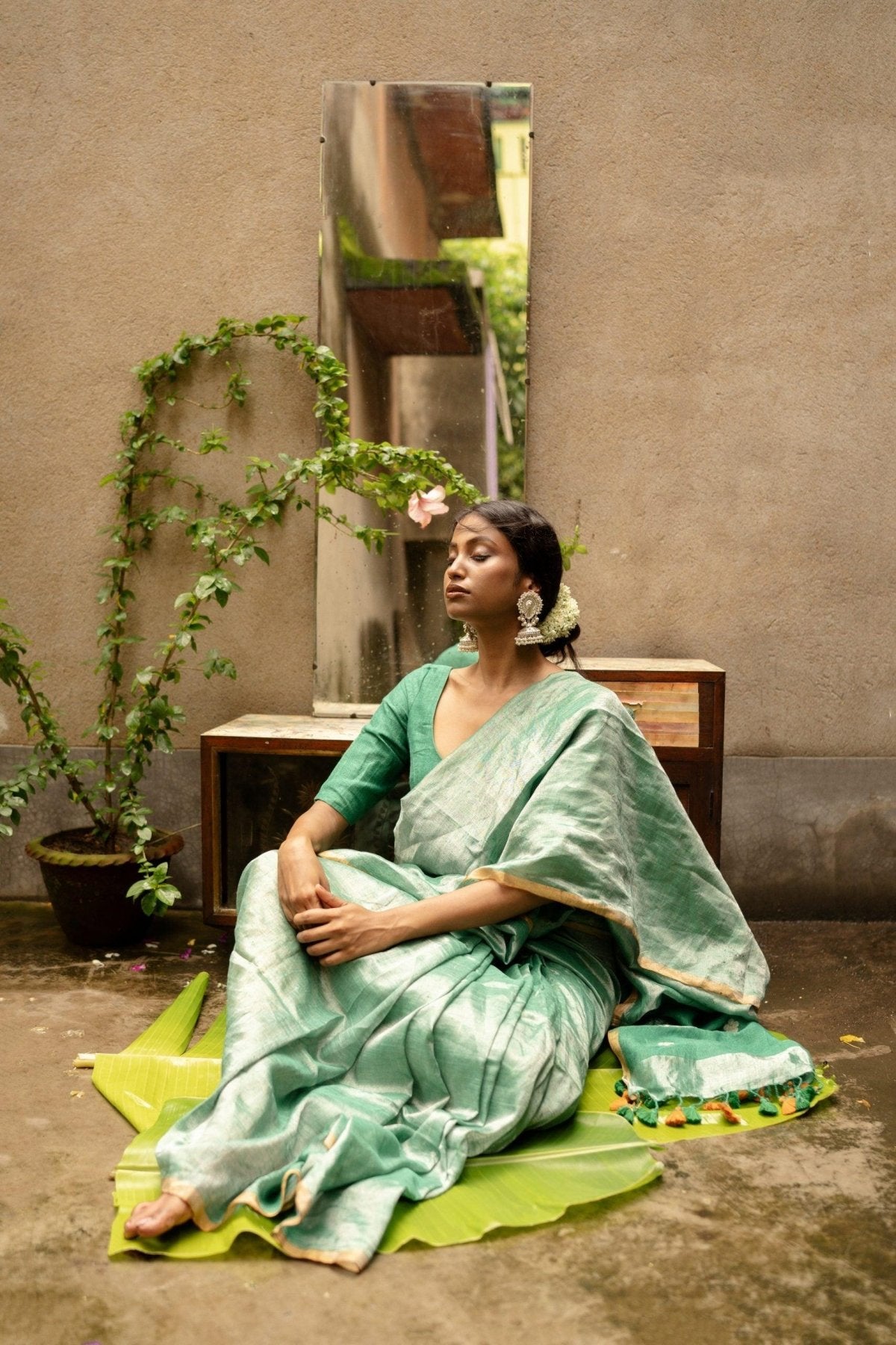 Sage Metallic Linen Saree - Eternity by Sakshi