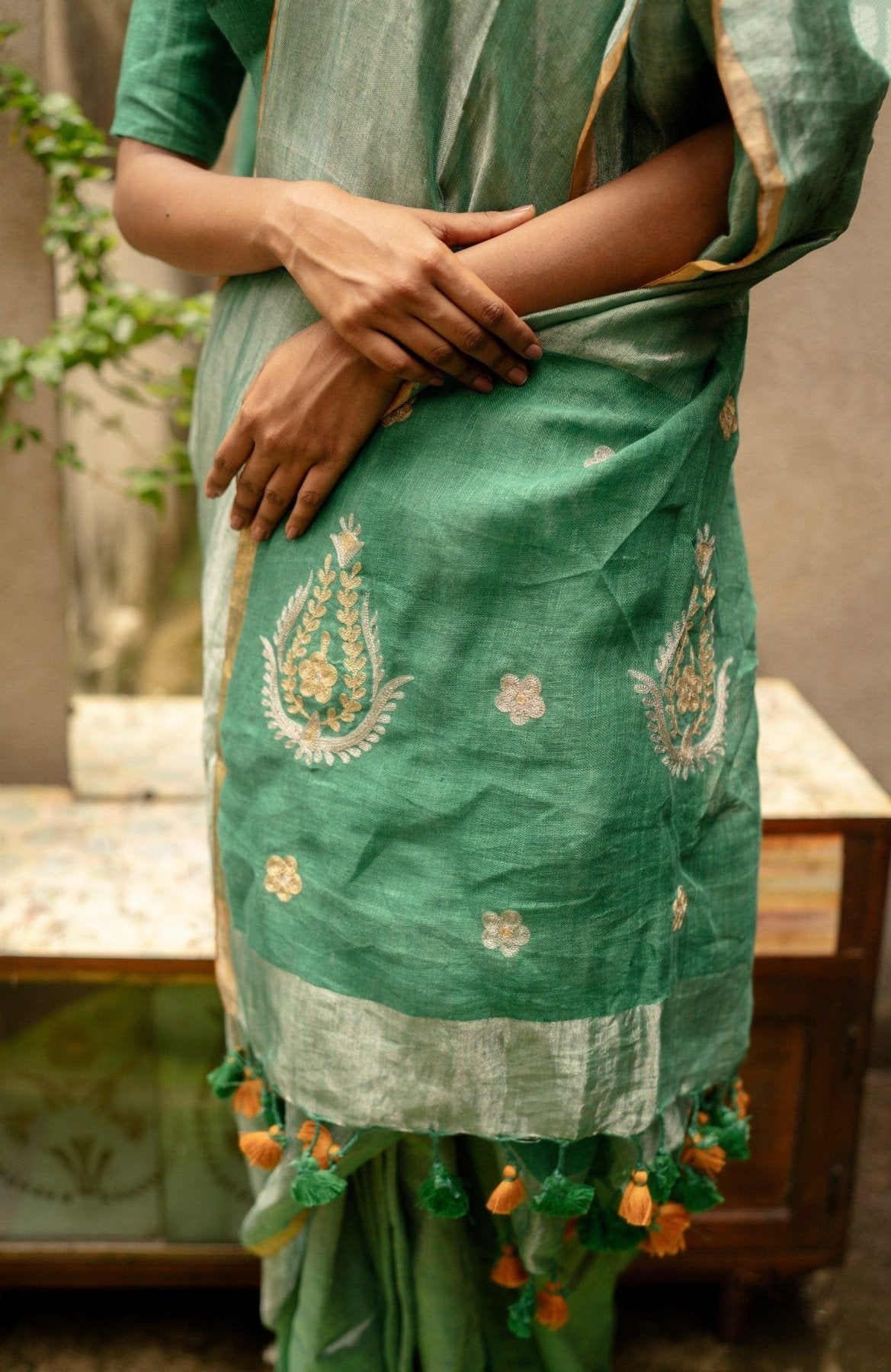 Sage Metallic Linen Saree - Eternity by Sakshi