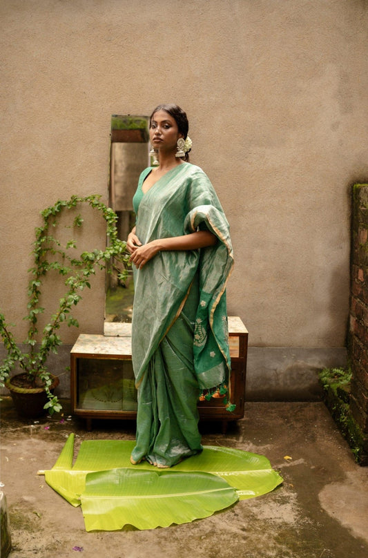 Sage Metallic Linen Saree - Eternity by Sakshi