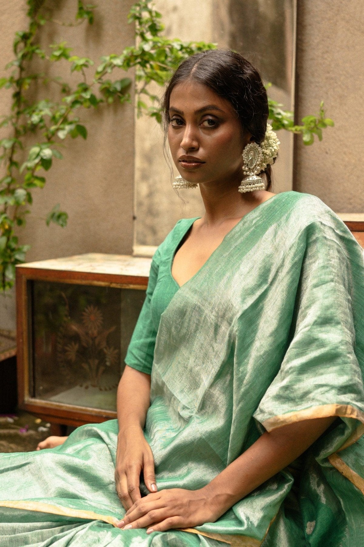 Sage Metallic Linen Saree - Eternity by Sakshi