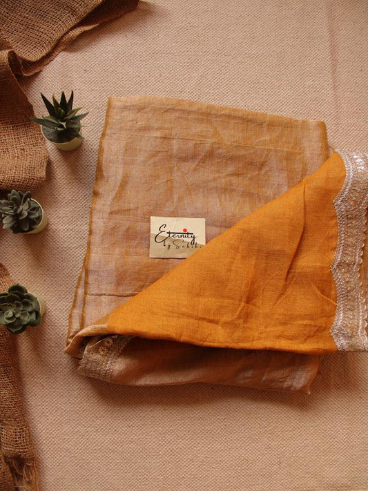 Turmeric Metallic Linen Saree + Zari Waistcoat Blouse Combo - Eternity by Sakshi