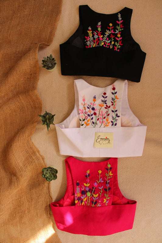 White + Black + Pink (Gulmohar) (Combo Blouse) - Eternity by Sakshi