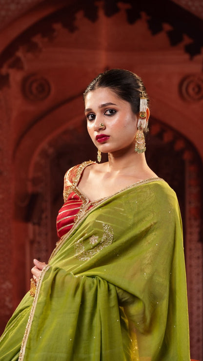 Olive Green Chand Tara Handwork Saree + Red Noor Navratri Banarasi Brocade Blouse | Padded, Back Hook Combo