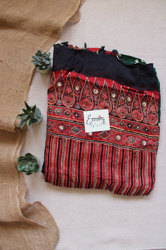 Green Bandhani Ajrakh Silk Handwork Saree