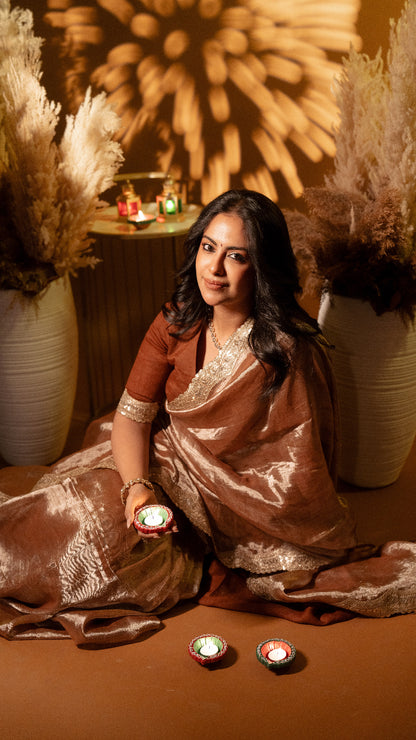 Cinnamon Metallic Linen Saree