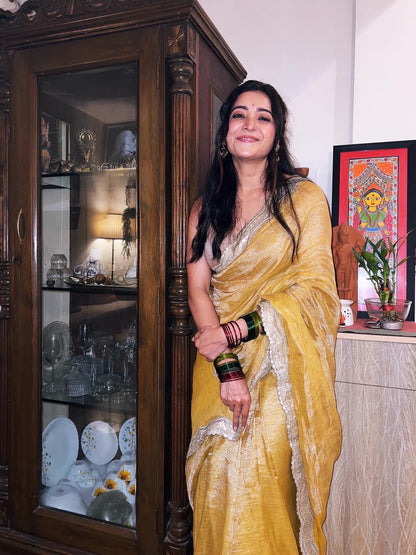 Turmeric Metallic Linen Saree - Eternity by Sakshi