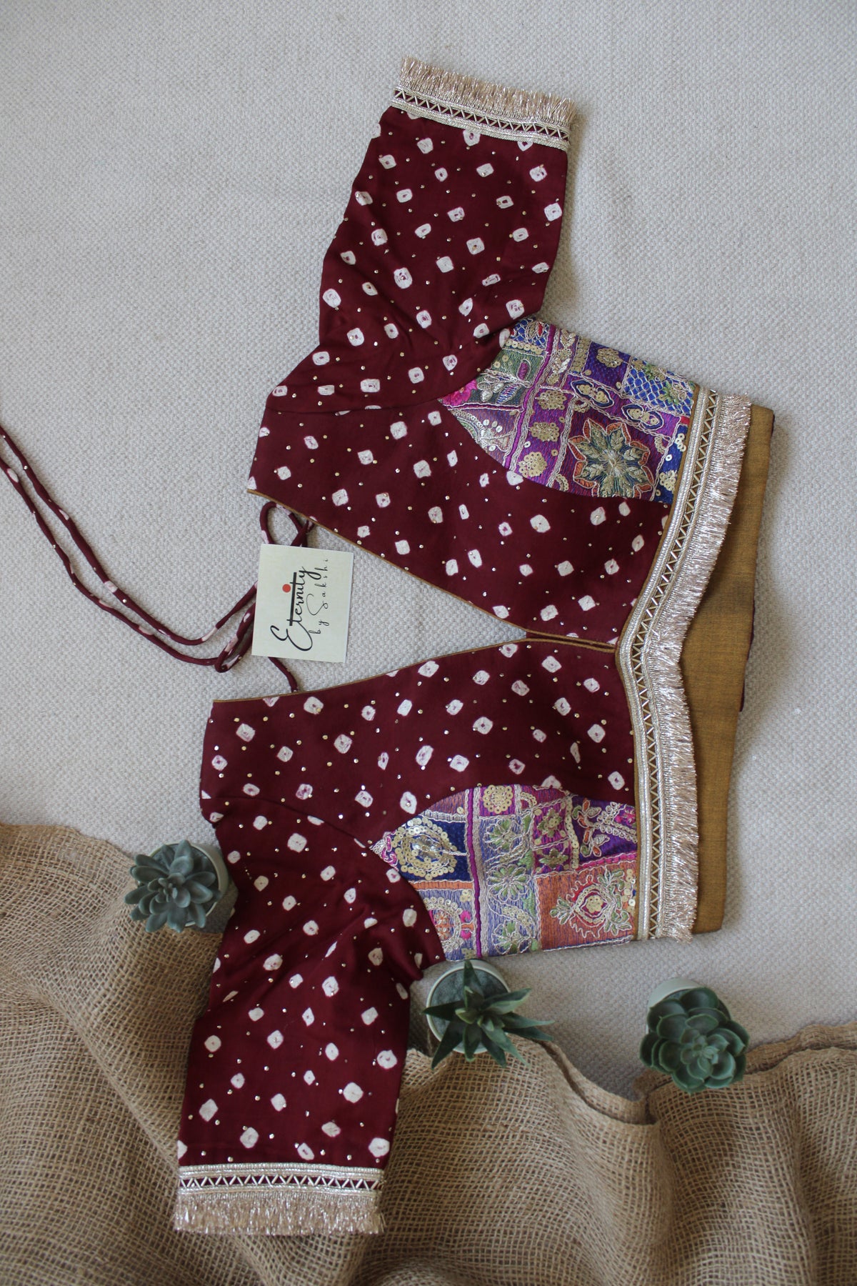 Maroon Bandhani with Patch Blouse