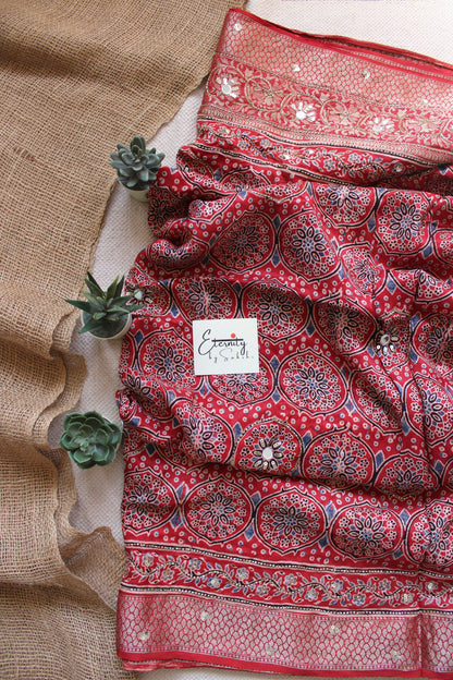Laal Ishq Maharani Ajrakh Dola Silk Handwork Saree