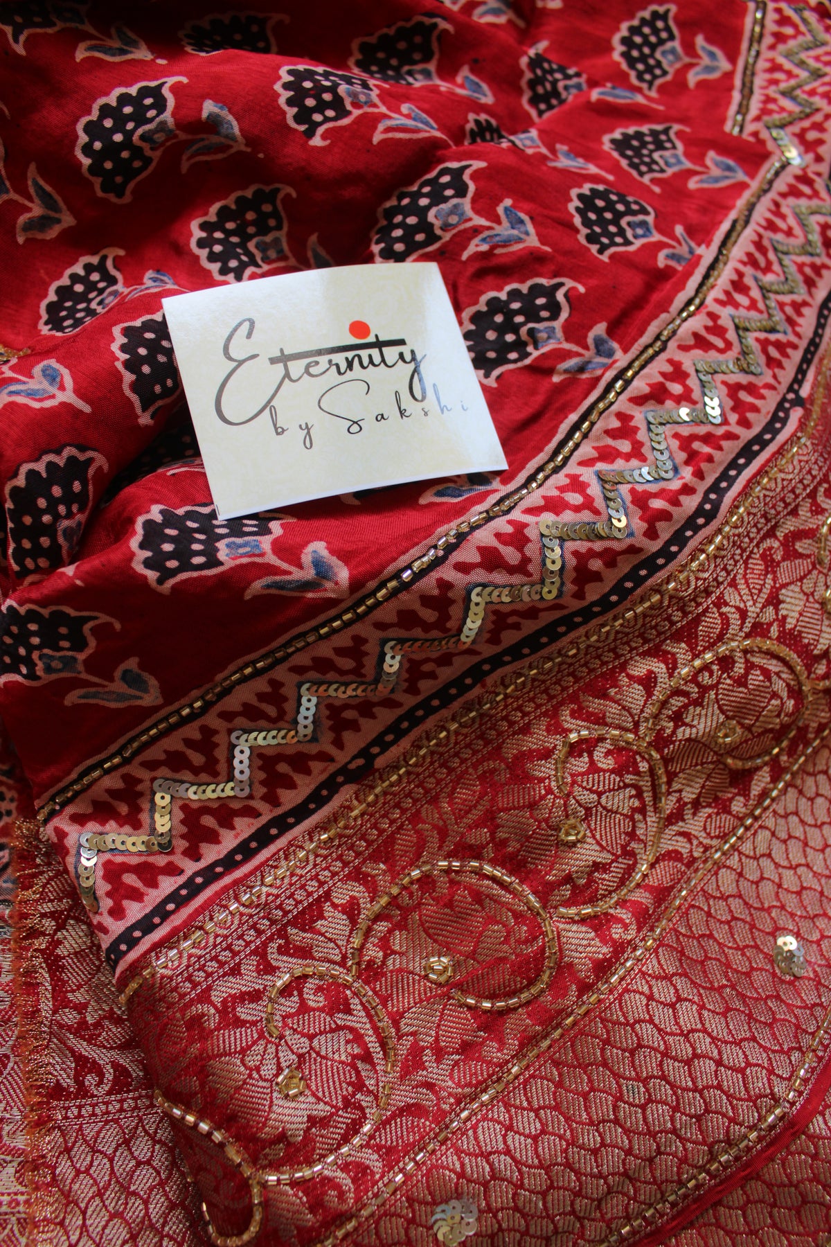 Brick Red Maharani Ajrakh Dola Silk Handwork Saree